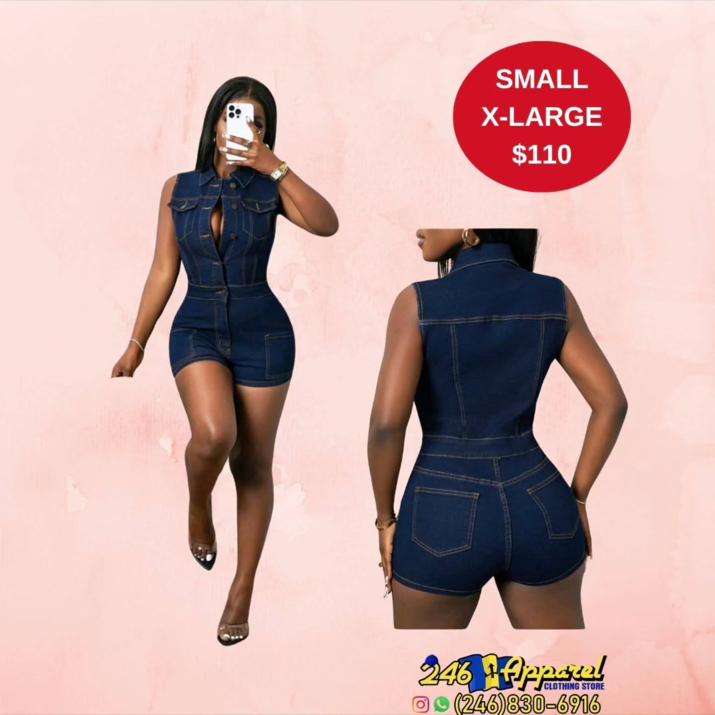 Denim Romper / Jumpsuit — Sizes S to 3XL at $110