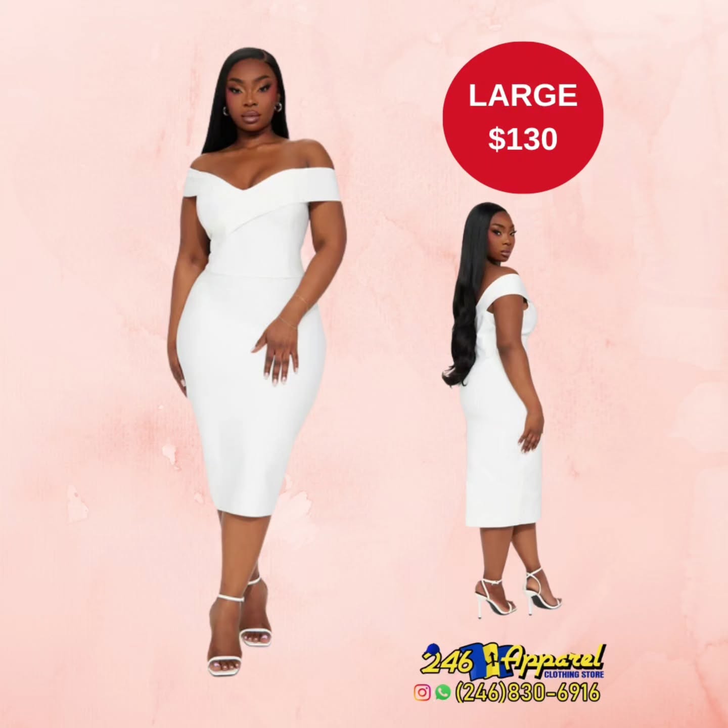 White Off-Shoulder Bodycon Dress – Large $130