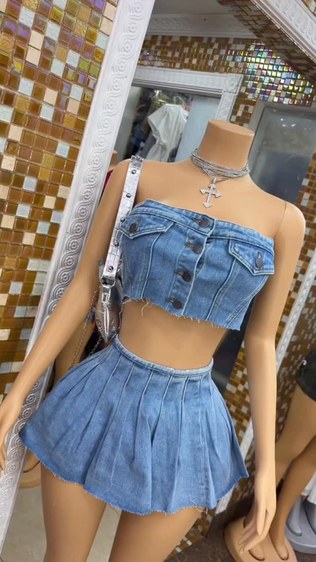 Denim Co-ord Set (Crop Top & Pleated Skirt) – $105