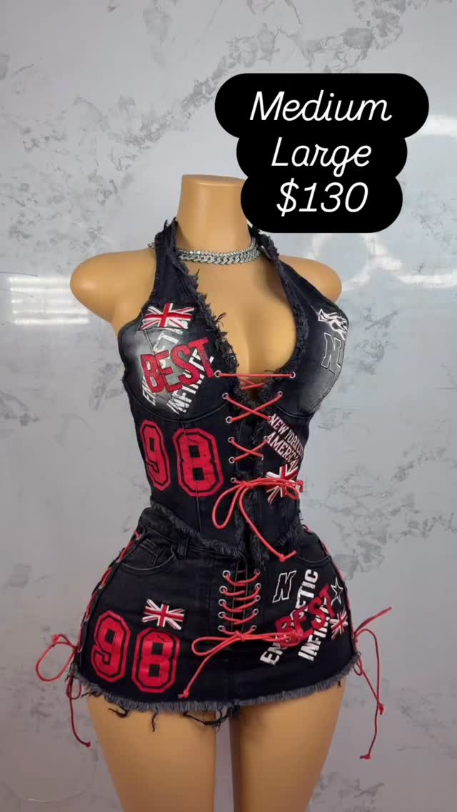 Graphic Denim Lace-Up Outfit – Medium & Large Available at $130