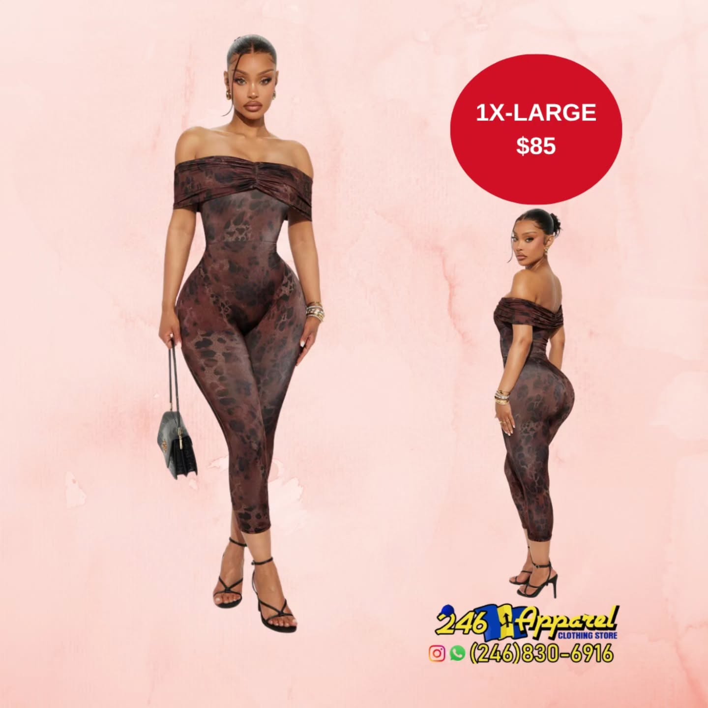 Women's Off-Shoulder Leopard Jumpsuit – 1X-Large $85