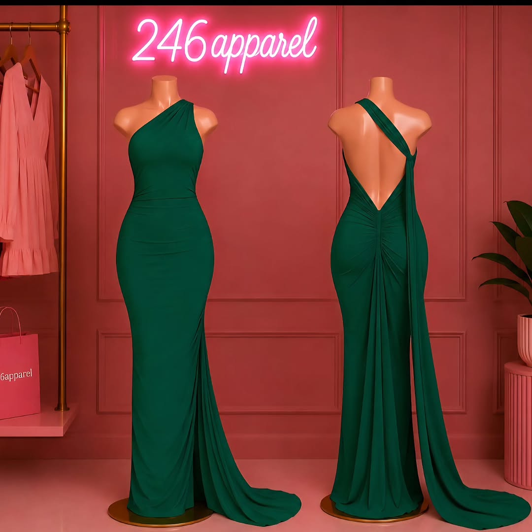 Green One-Shoulder Gown – Size Medium for $100