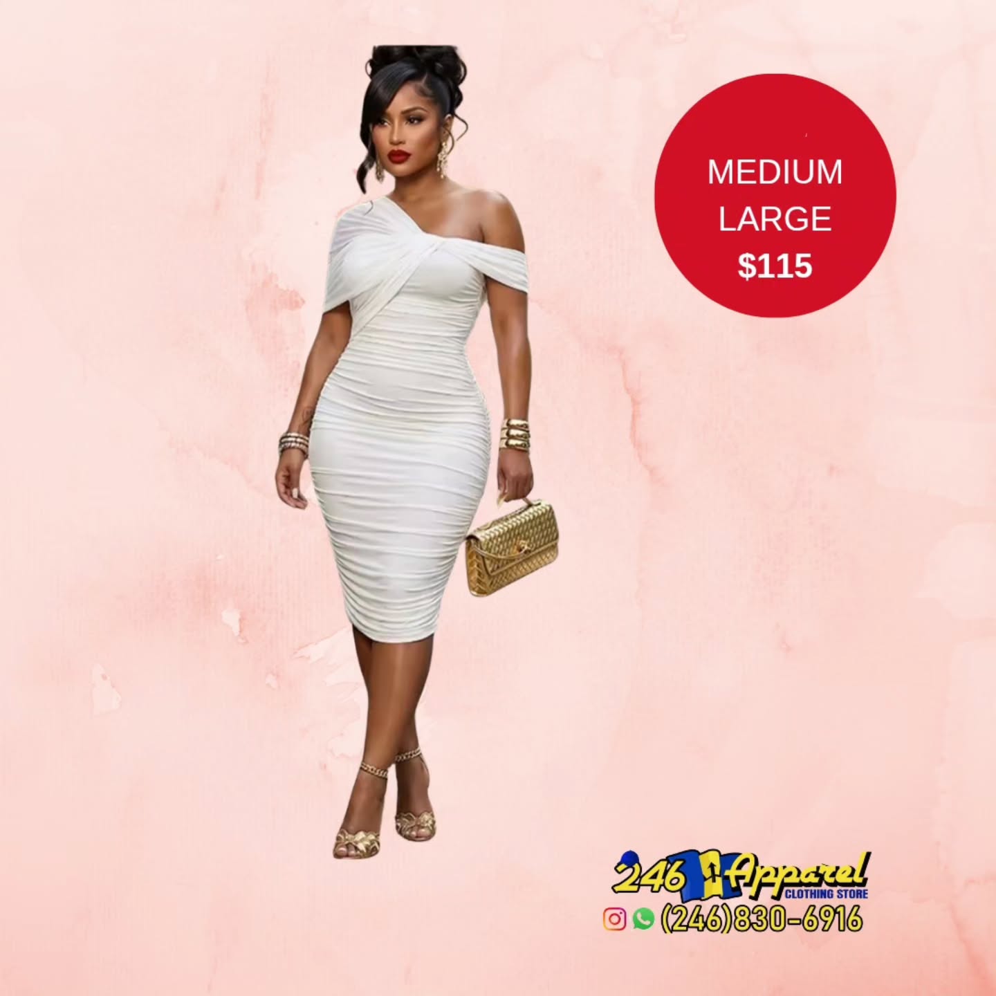 White Ruched Off-Shoulder Dress – Medium & Large Available at $115