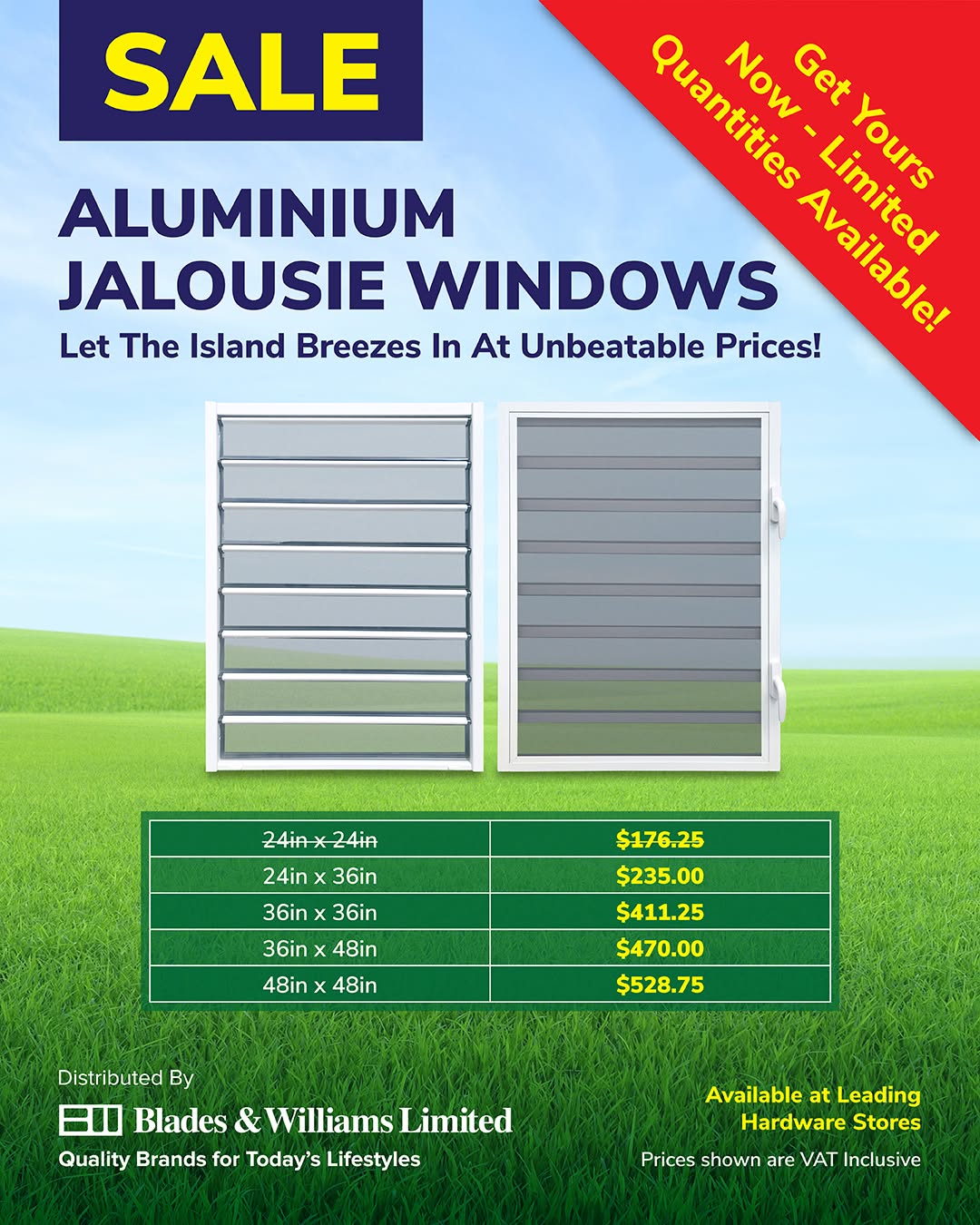 Window Sale – Aluminium Jalousie & Double Casement Push-Out Windows from $235.00