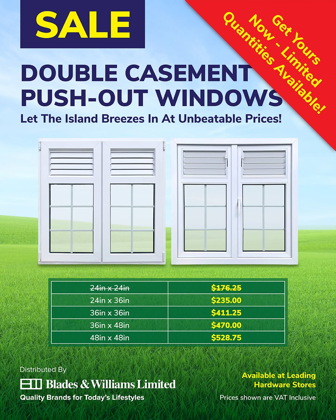 Window Sale – Aluminium Jalousie & Double Casement Push-Out Windows from $235.00