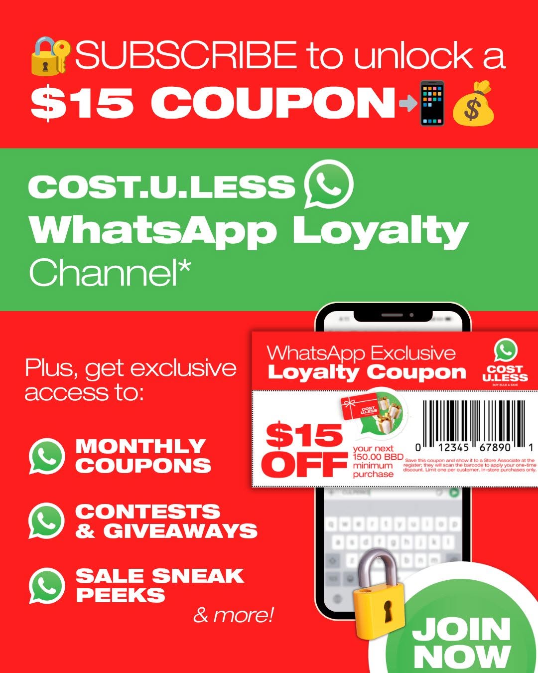Cost U Less WhatsApp Loyalty Channel – $15 Off Coupon on $150+ BBD Purchase