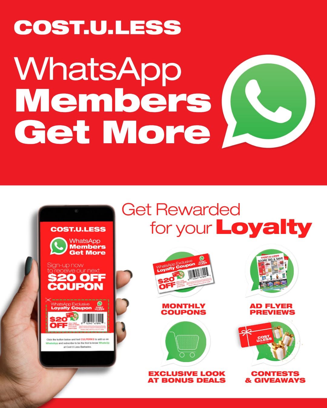 Cost U Less WhatsApp Loyalty Channel – $20 Off Coupon on $200+ Purchase
