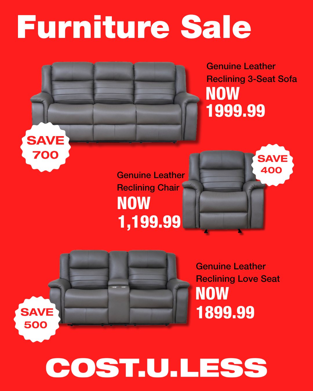 Cost U Less Furniture Sale – Genuine Leather Reclining Sets, Save Up to $700