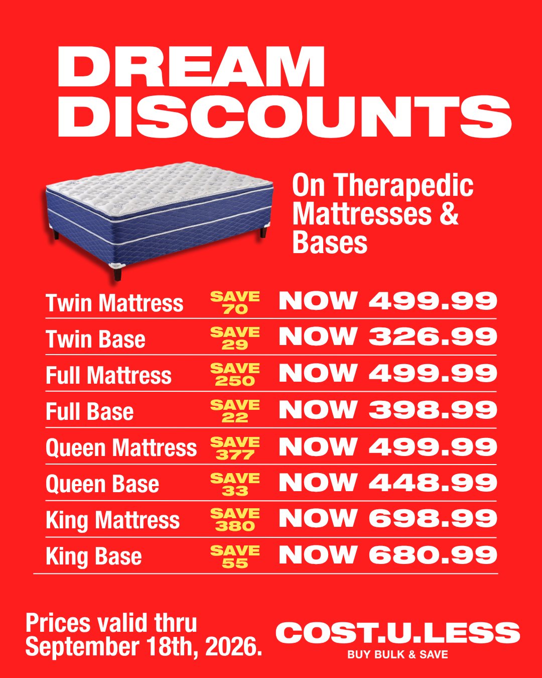 Dream Discounts on Therapedic Mattresses & Bases at Cost U Less
