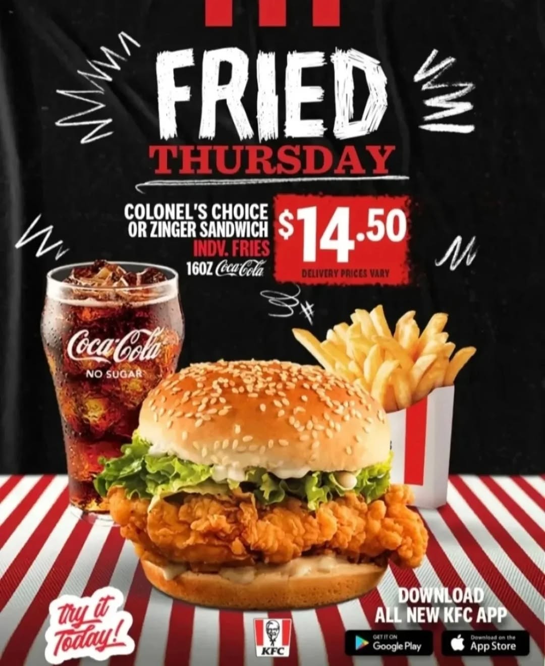 KFC Fried Thursday – Colonel's Choice or Zinger Sandwich Meal for $14.50