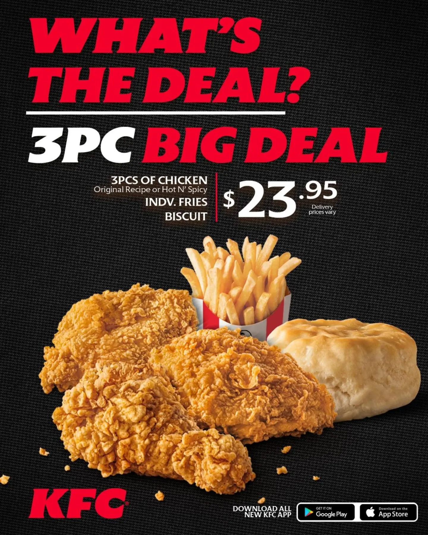 KFC 3PC Big Deal – $23.95 + Free Coke Every Monday
