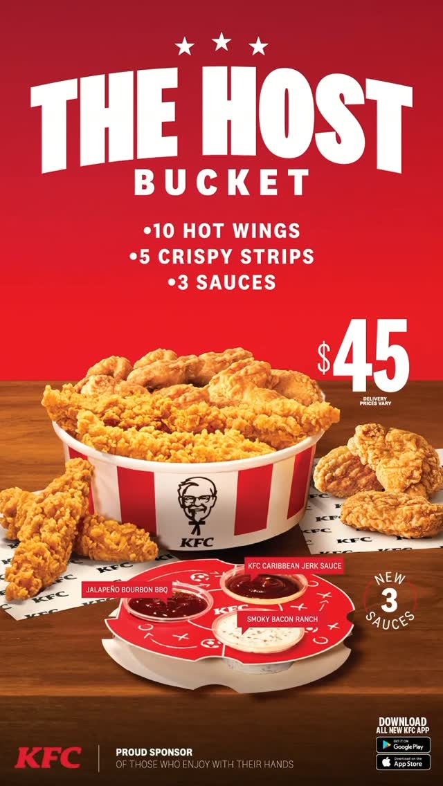 KFC Host Bucket – 10 Hot Wings + 5 Crispy Strips + 3 Sauces for $45