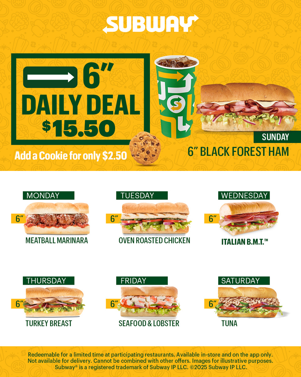 Subway 6" Daily Deal – Sub + Drink for $15.50