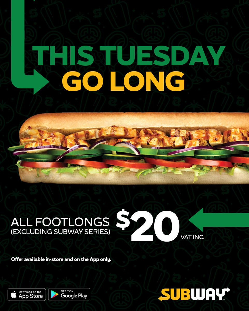 Subway Barbados Tuesday Footlong Deal – All Footlongs for $20 VAT Inc.