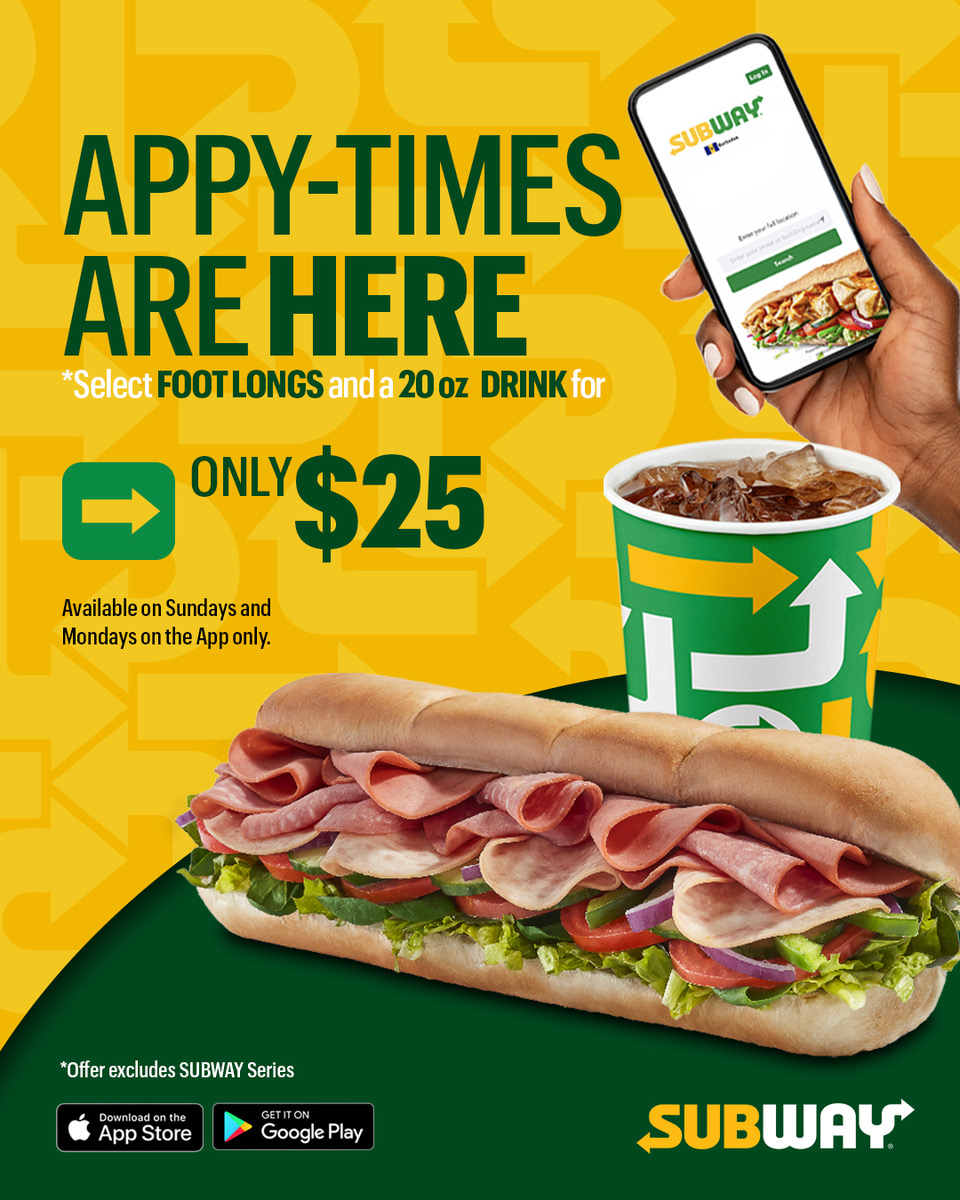 Subway Barbados: Footlong + 20oz Drink for $25 – App Only (Sundays & Mondays)