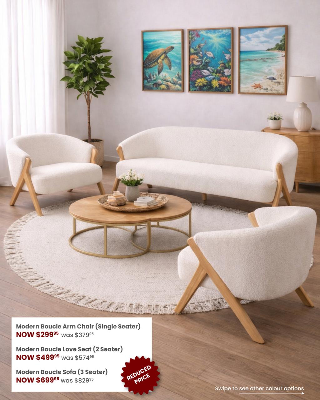 Bouclé Seating Sale – Reduced Prices on Arm Chairs, Love Seats & Sofas