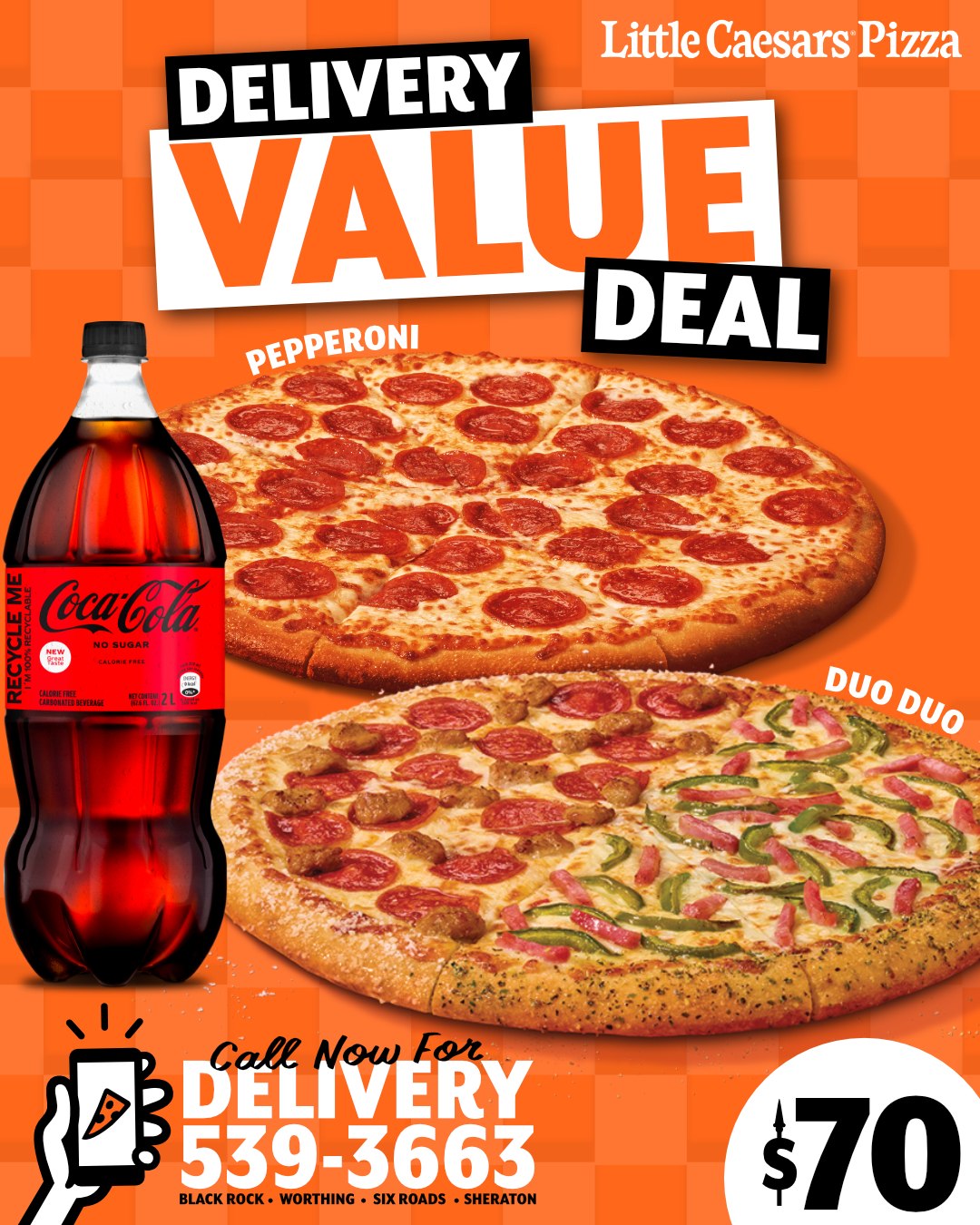 Little Caesars Delivery Value Deal – 2 Large Pizzas + 2L Soda for $70