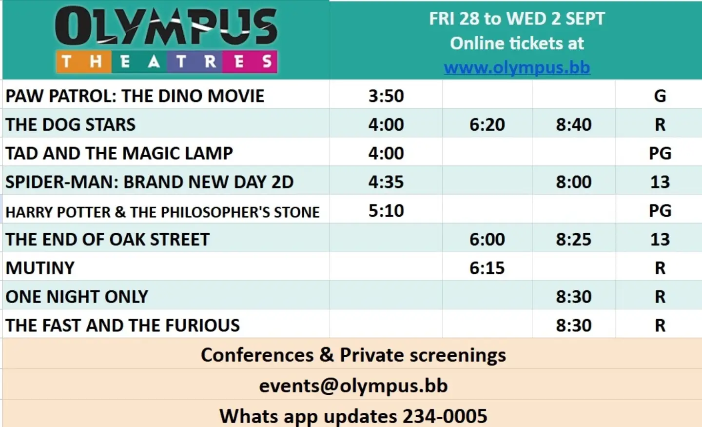 Olympus Theatres Movie Schedule – Fri 28 Aug to Wed 2 Sept