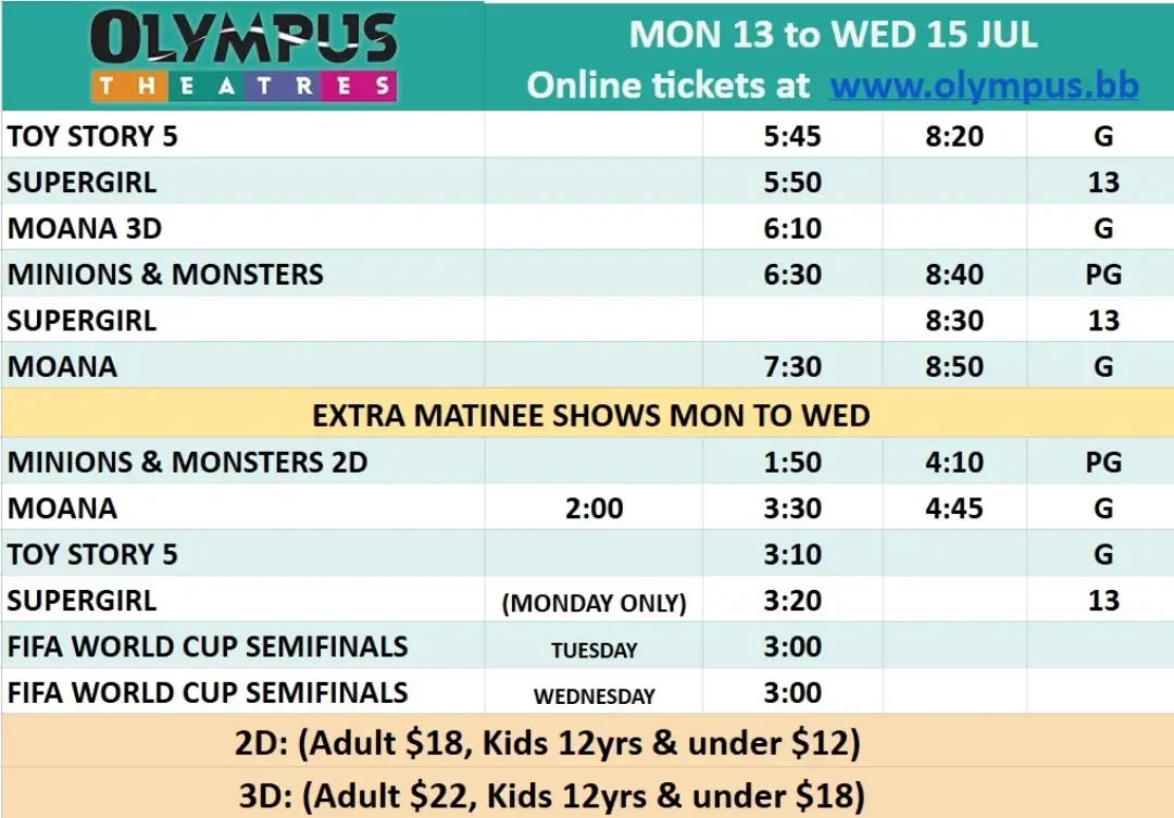 Olympus Theatres Movie Schedule – Mon 13 to Wed 15 Jul 2026