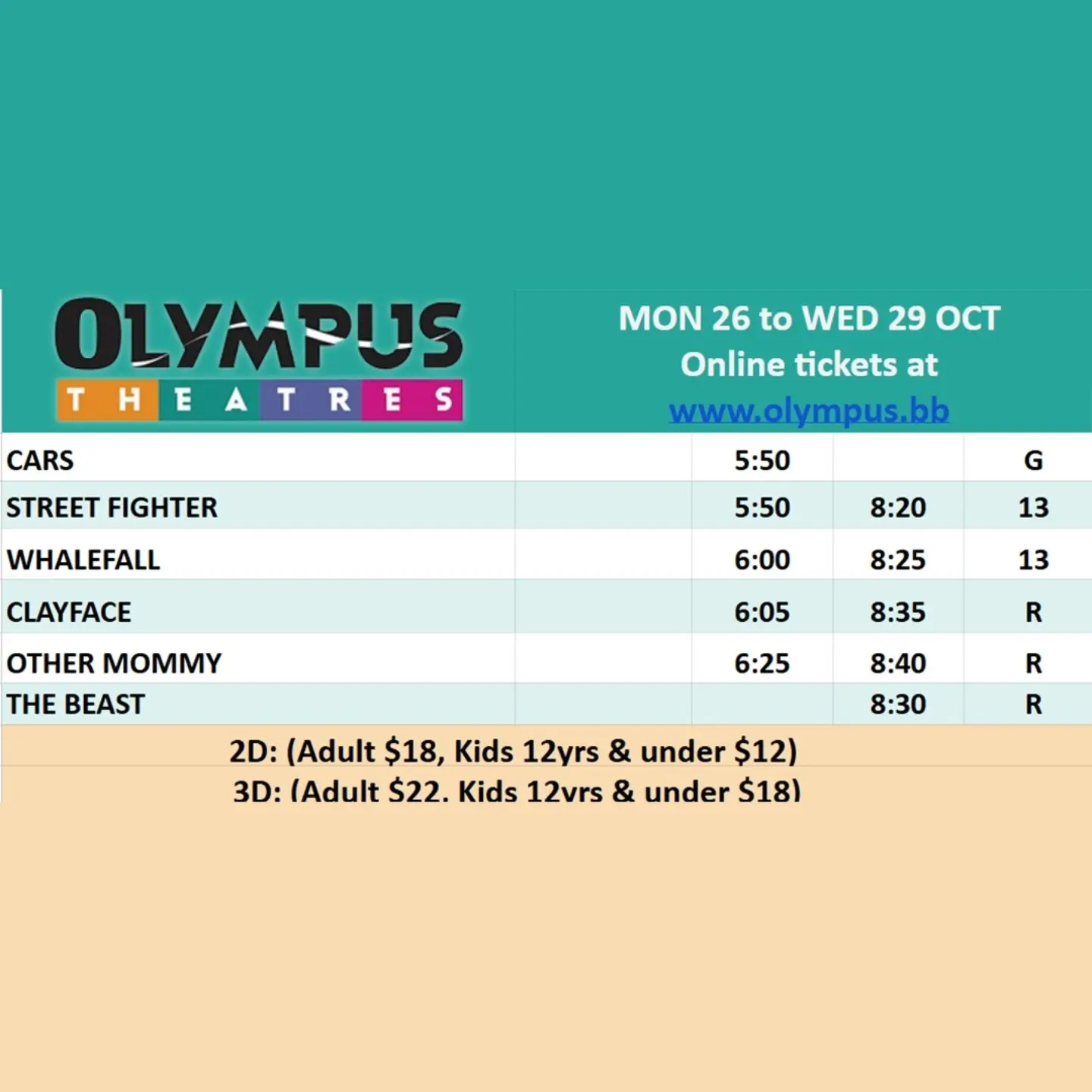 Olympus Theatres Movie Schedule Oct 22-25 – Cars, Street Fighter, Whalefall & More