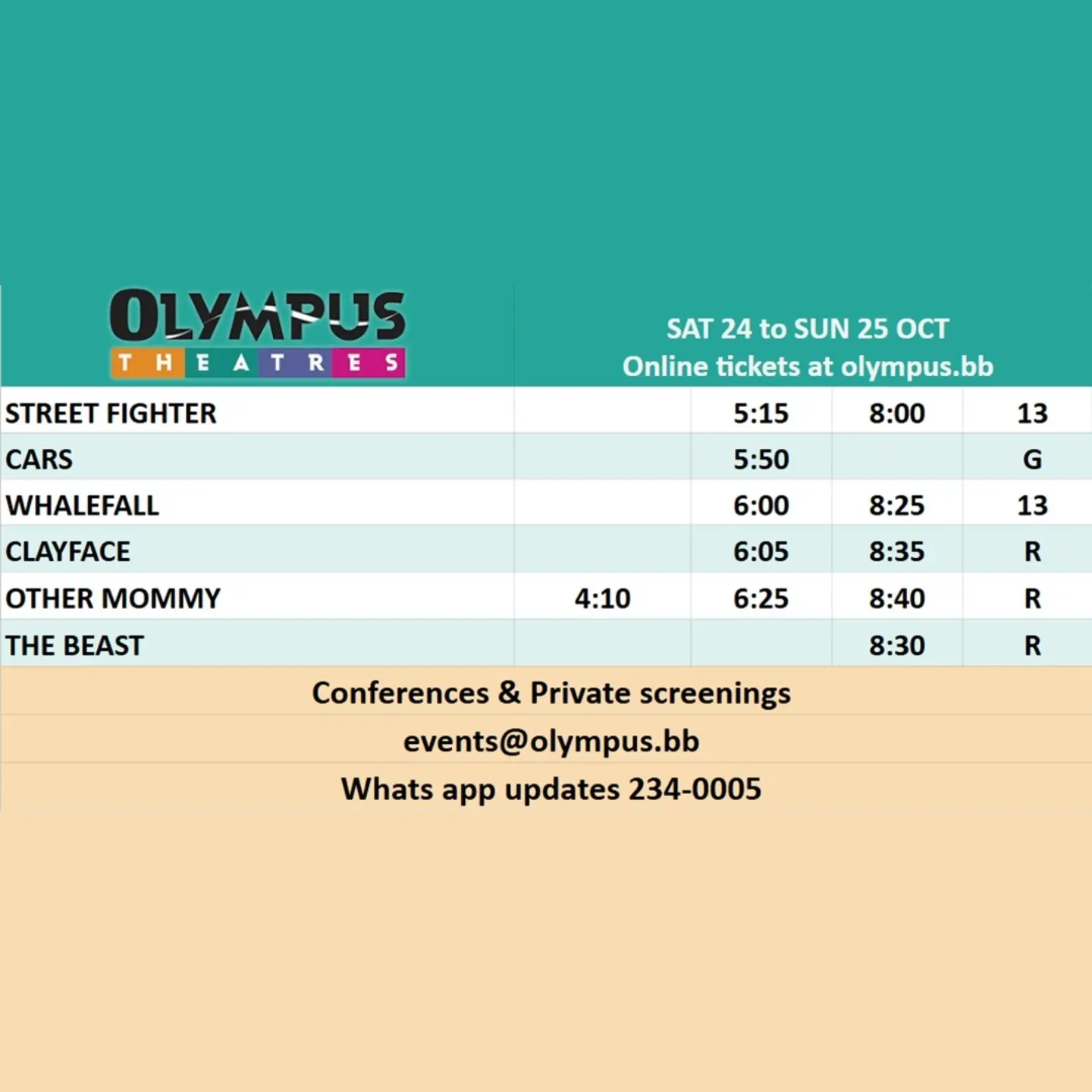Olympus Theatres Movie Schedule Oct 22-25 – Cars, Street Fighter, Whalefall & More