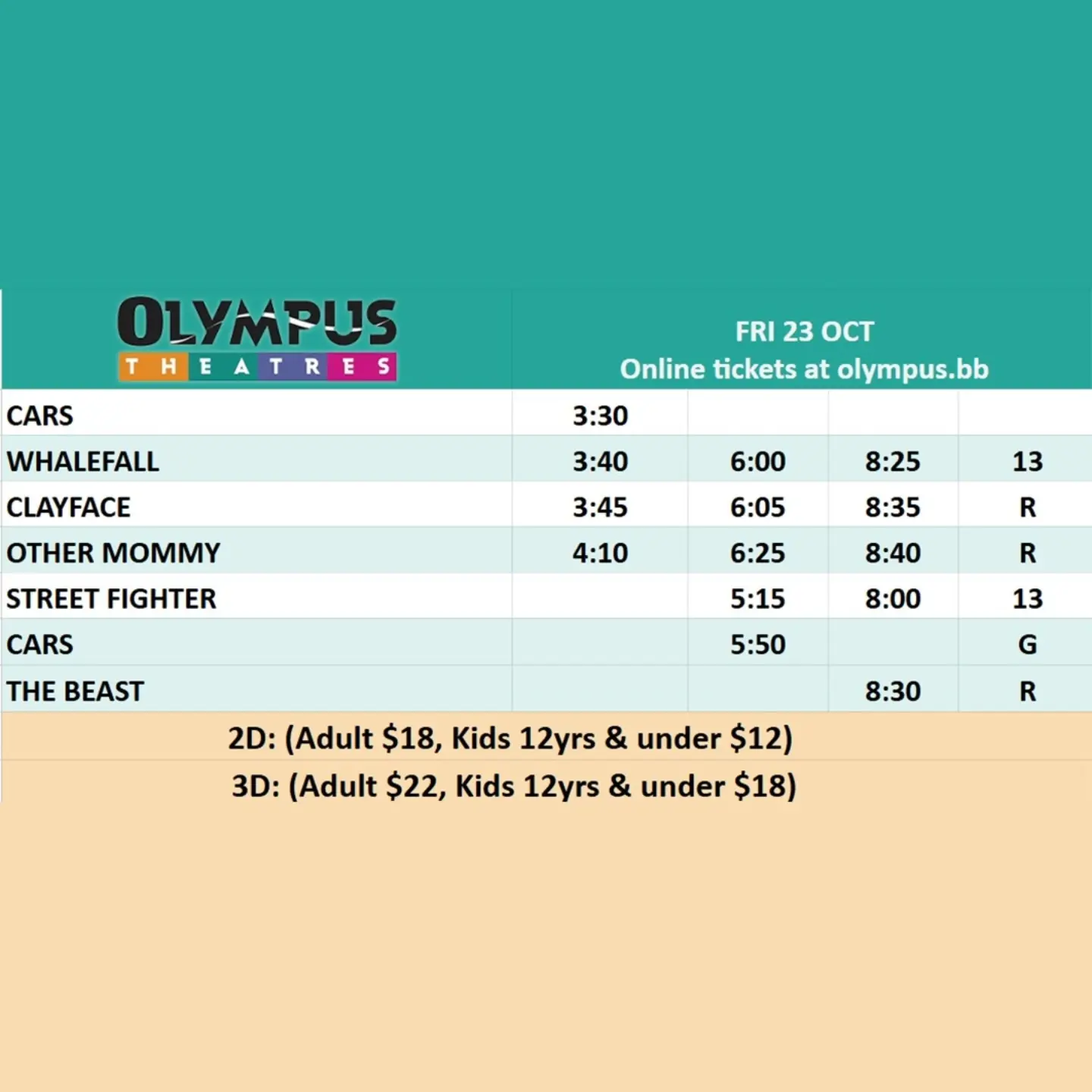 Olympus Theatres Movie Schedule Oct 22-25 – Cars, Street Fighter, Whalefall & More