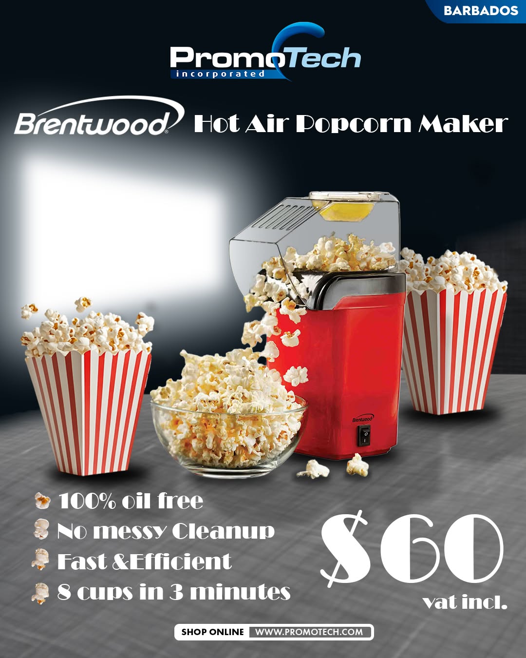 Brentwood Hot Air Popcorn Maker – $60 VAT Incl.