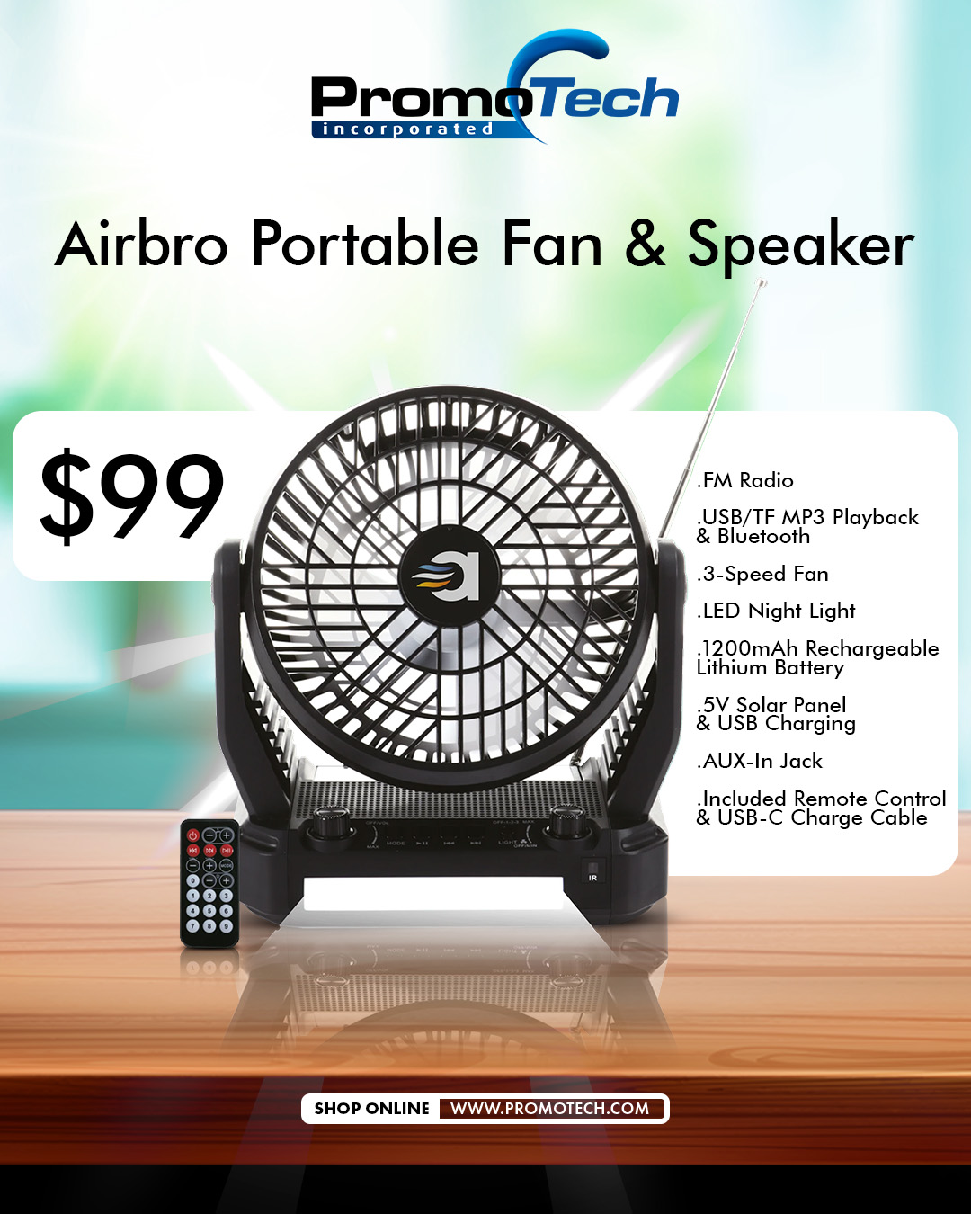 Airbro Portable Fan & Speaker – $99 at Promotech