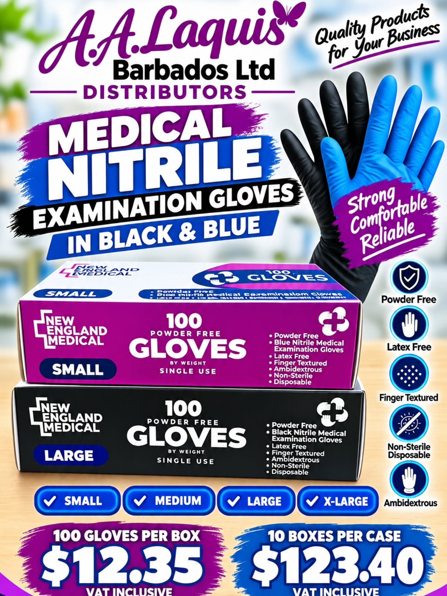Medical Nitrile Examination Gloves – $12.35/box or $123.40/case (VAT Inclusive)