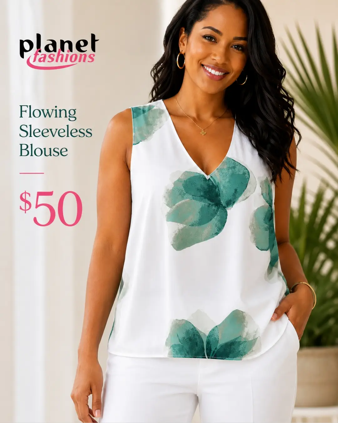 Flowing Sleeveless Blouse – $50 at Planet Fashions