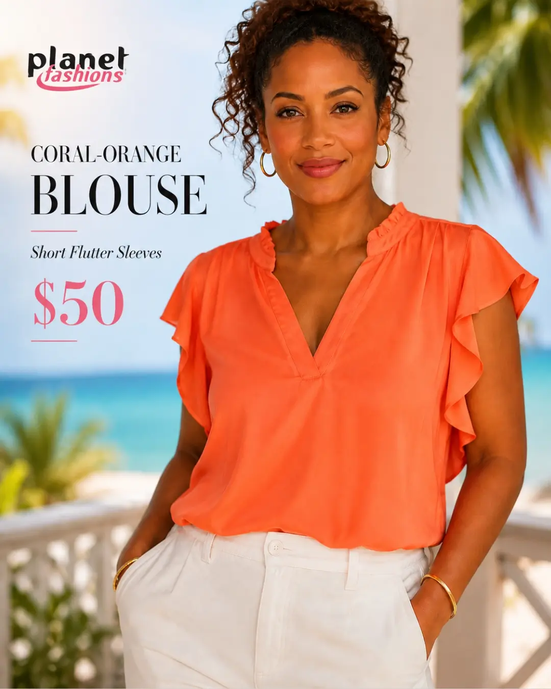 Coral-Orange Blouse with Flutter Sleeves – Now $50 at Planet Fashions