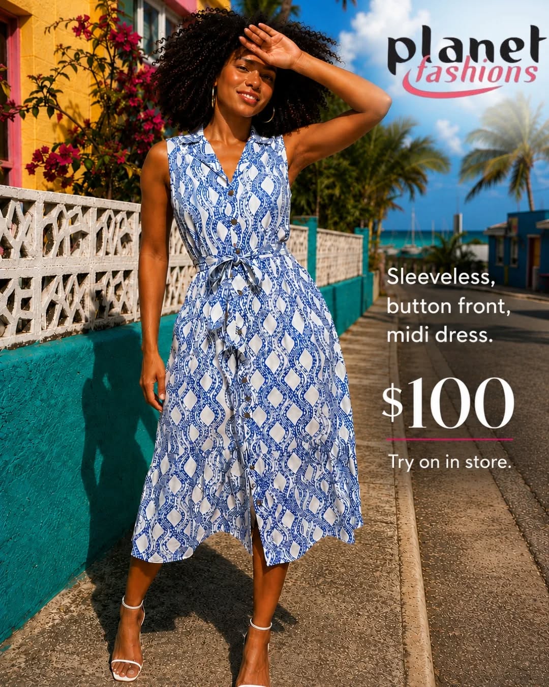 Sleeveless Button-Front Midi Dress – BDS $100 at Planet Fashions