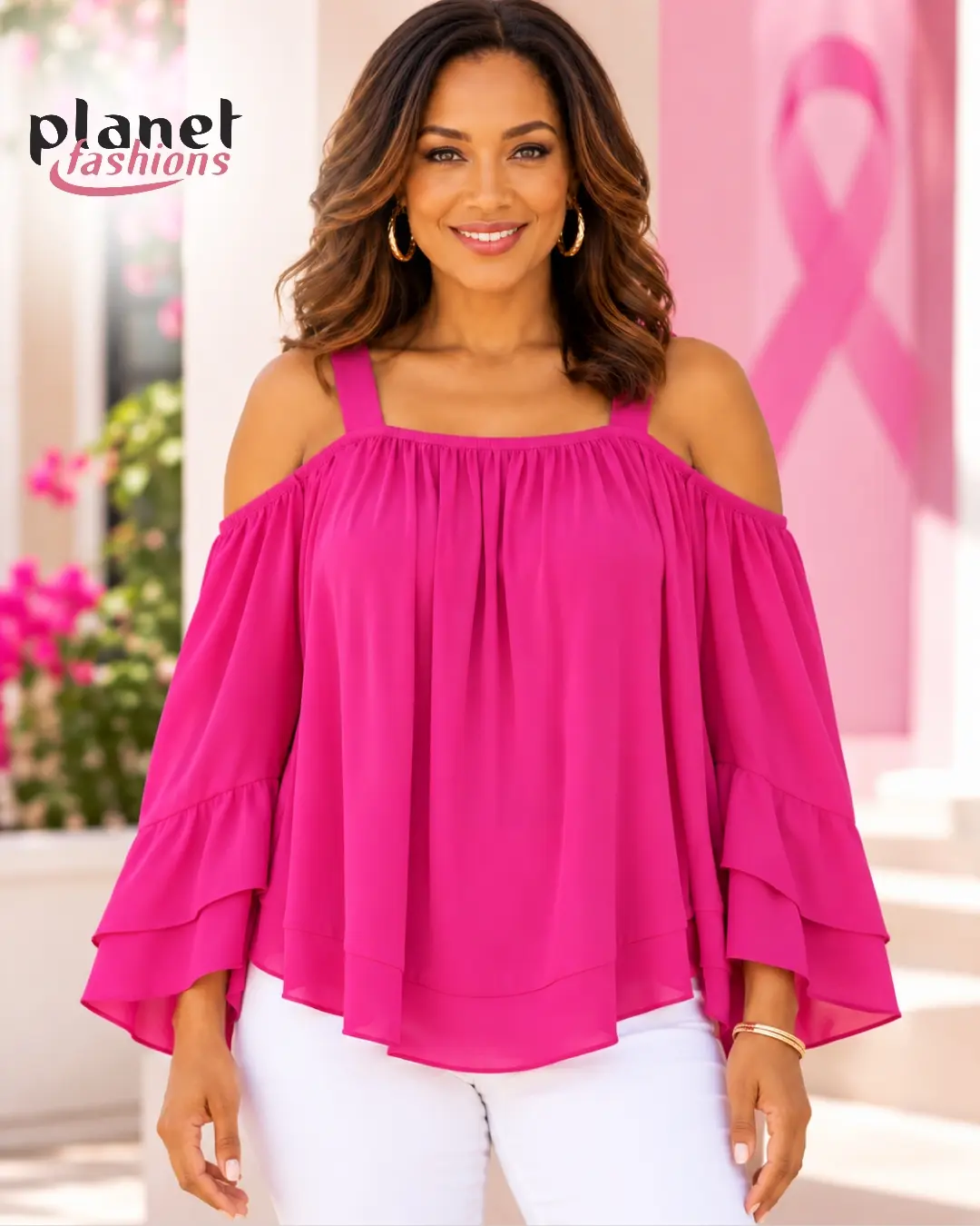 50% Off Fuchsia Cold-Shoulder Ruffle Sleeve Top at Planet Fashions