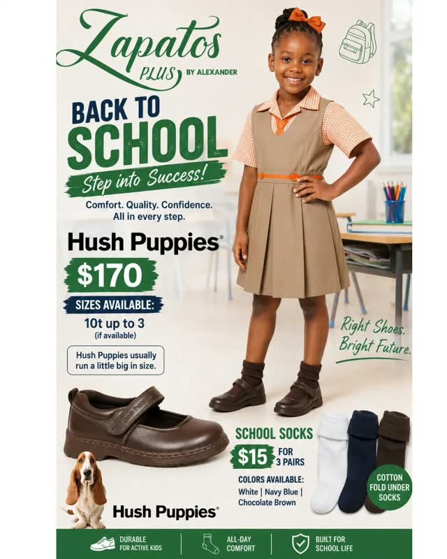 Back to School: Girls' Hush Puppies – $170 | School Socks $15 for 3 Pairs