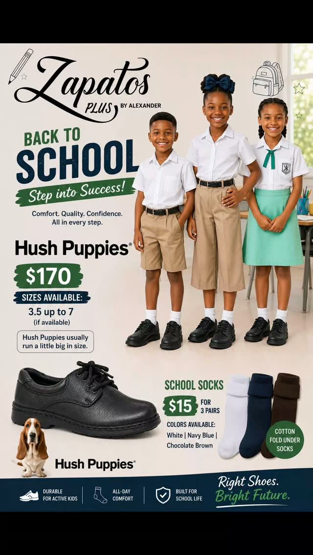 Back to School – Hush Puppies Shoes $170 & School Socks $15 for 3 Pairs at Zapatos Plus