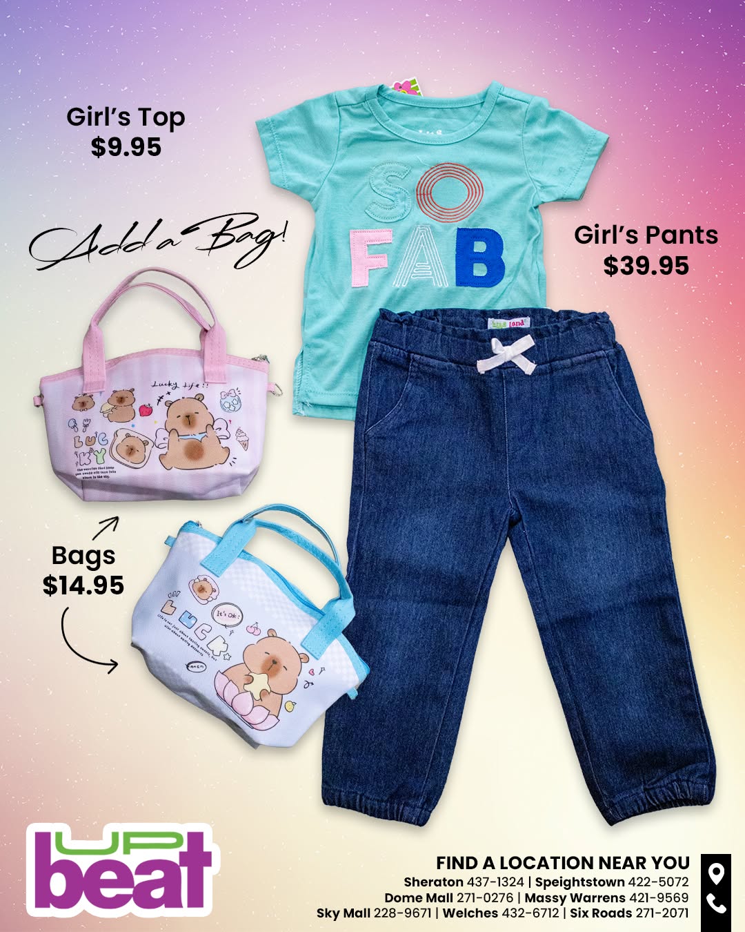 Up Beat Barbados Easter Kids' Fashion - Girl's Top $9.95, Pants $39.95, Bags $14.95