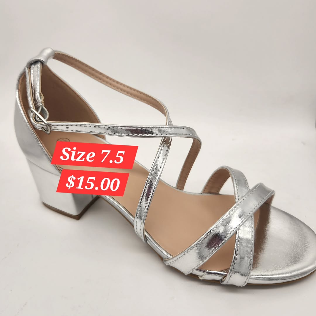 Silver Strappy Block Heel Sandals - Size 7.5 at $15.00