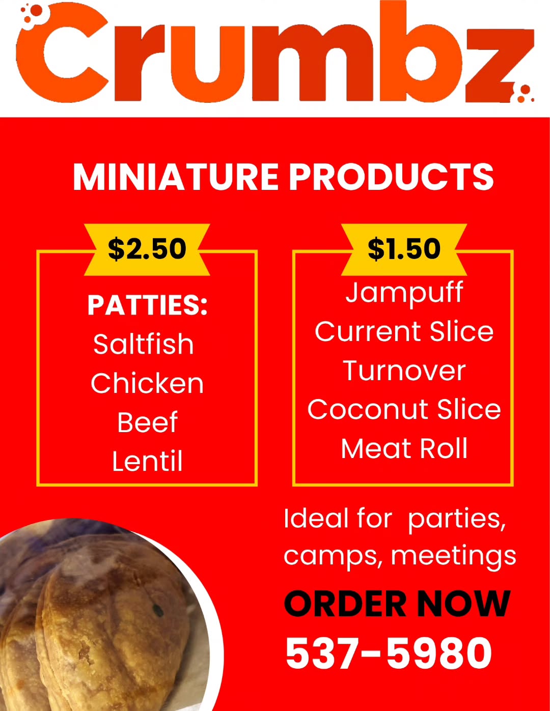 Crumbz Miniature Products – Patties from $2.50, Sweet & Savory Bites from $1.50