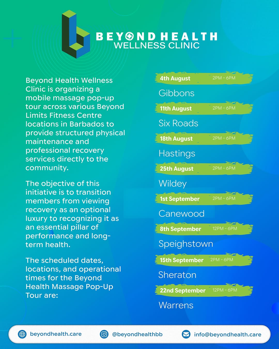 Beyond Health Massage Pop-Up Tour – Free Express Massages Island-Wide