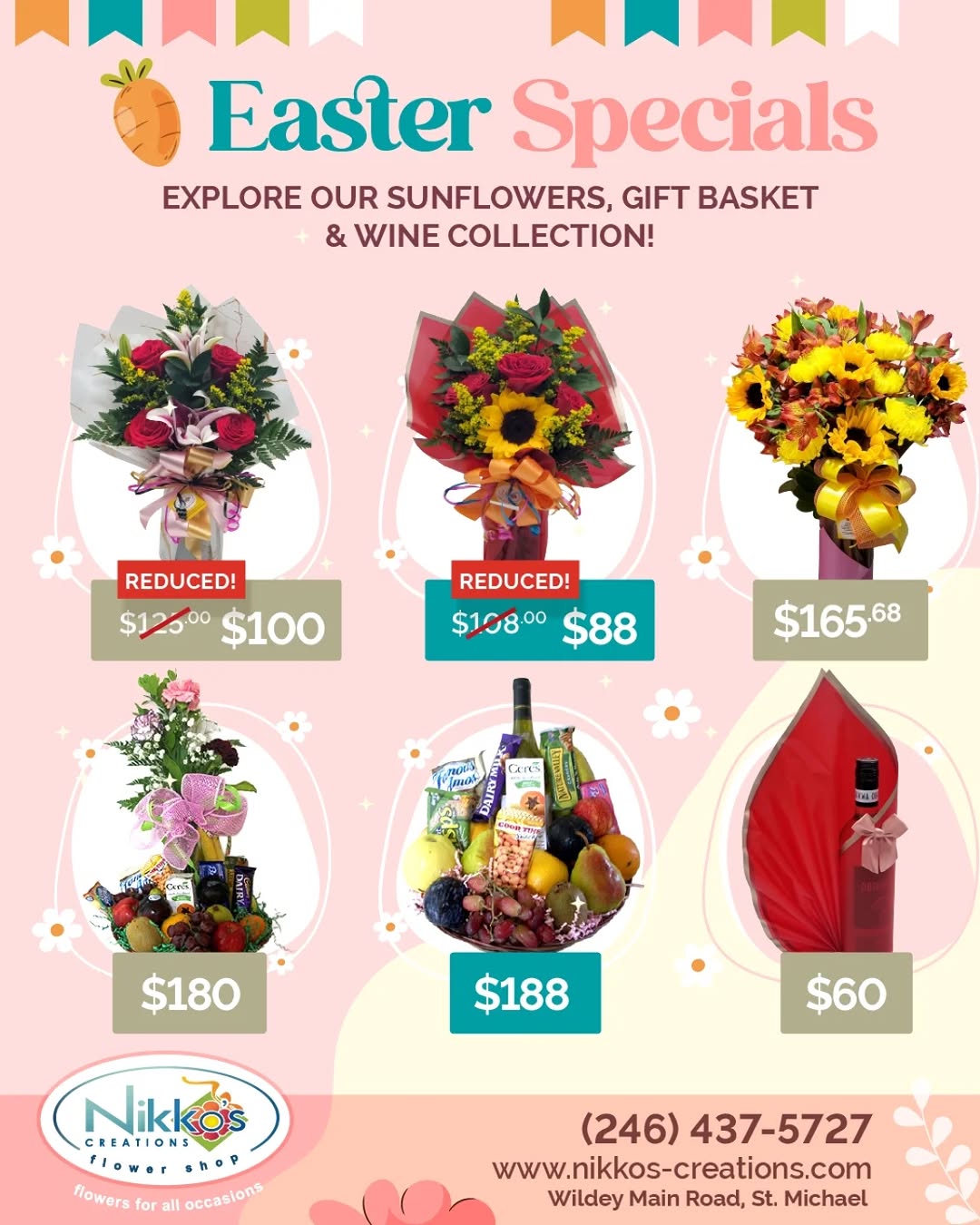 Nikko's Creations Easter Specials – Reduced Prices on Floral Bouquets, Gift Baskets & Wine