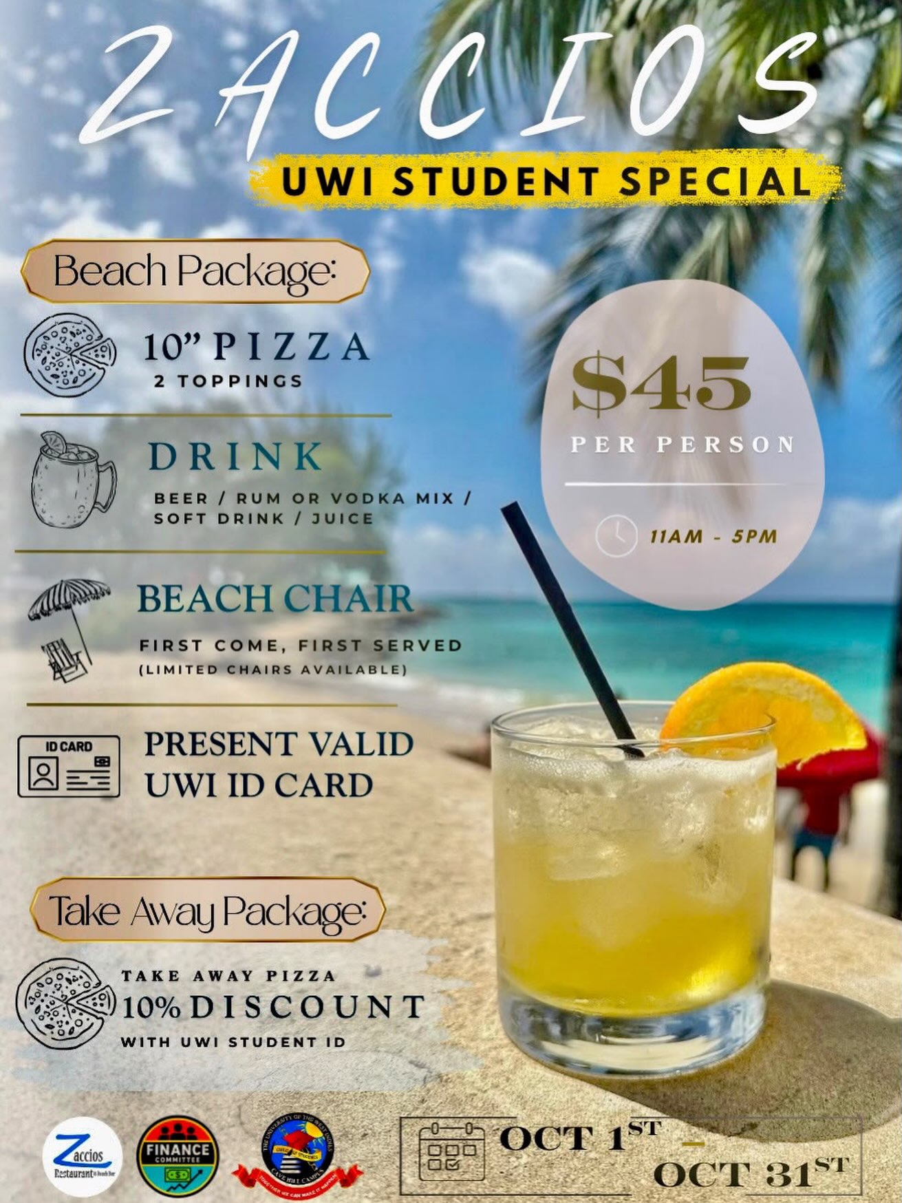 Zaccios UWI Student Special – Beach Package & Take Away Discount (October 2026)