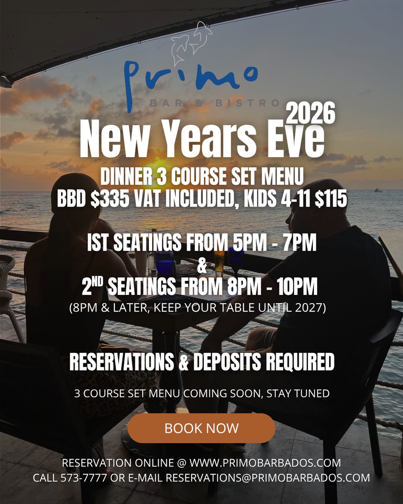 New Year's Eve 3-Course Set Menu Dinner at Primo – BBD $335