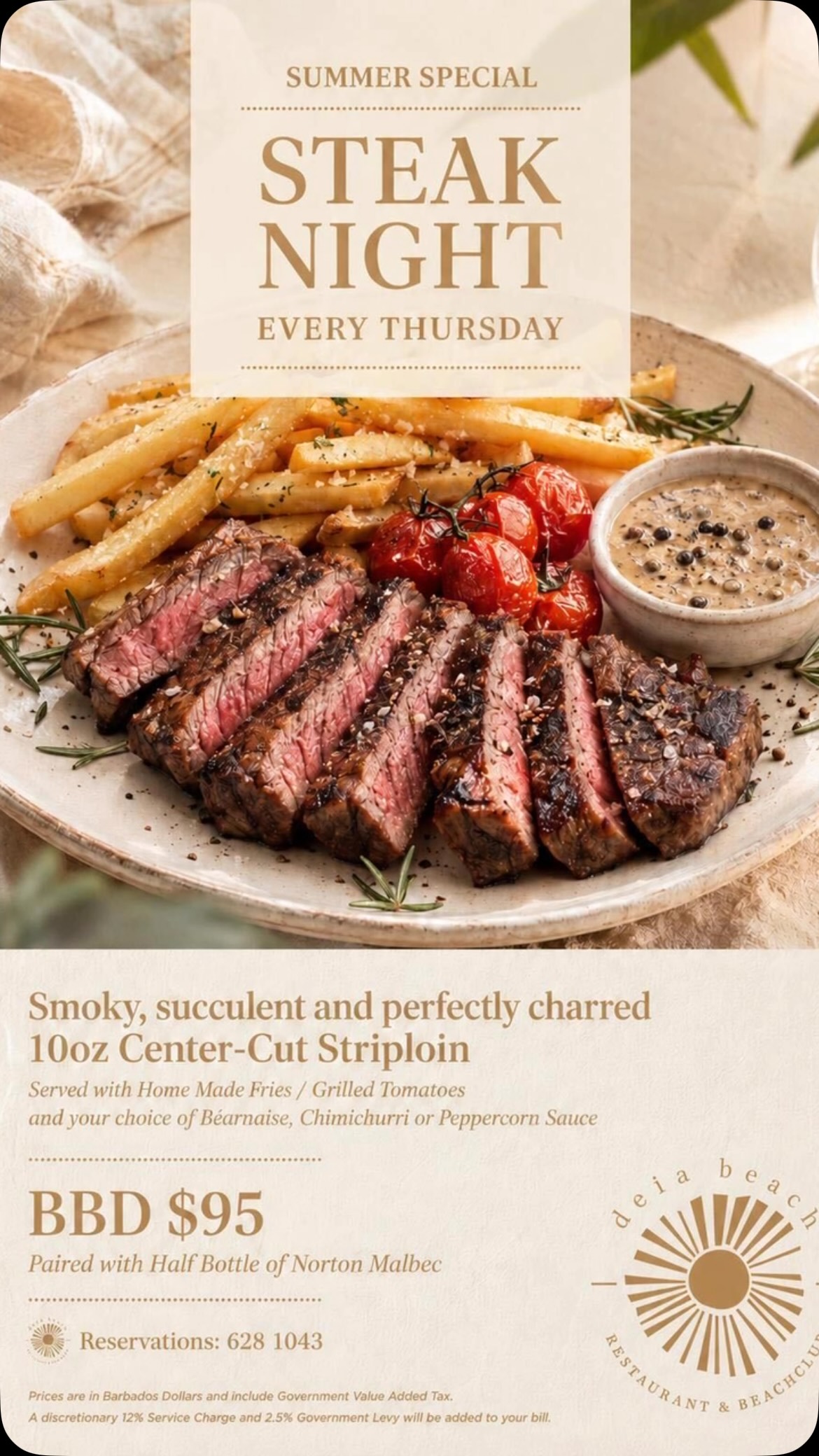 Steak Night Every Thursday – 10oz Striploin + Wine Pairing for BBD $95