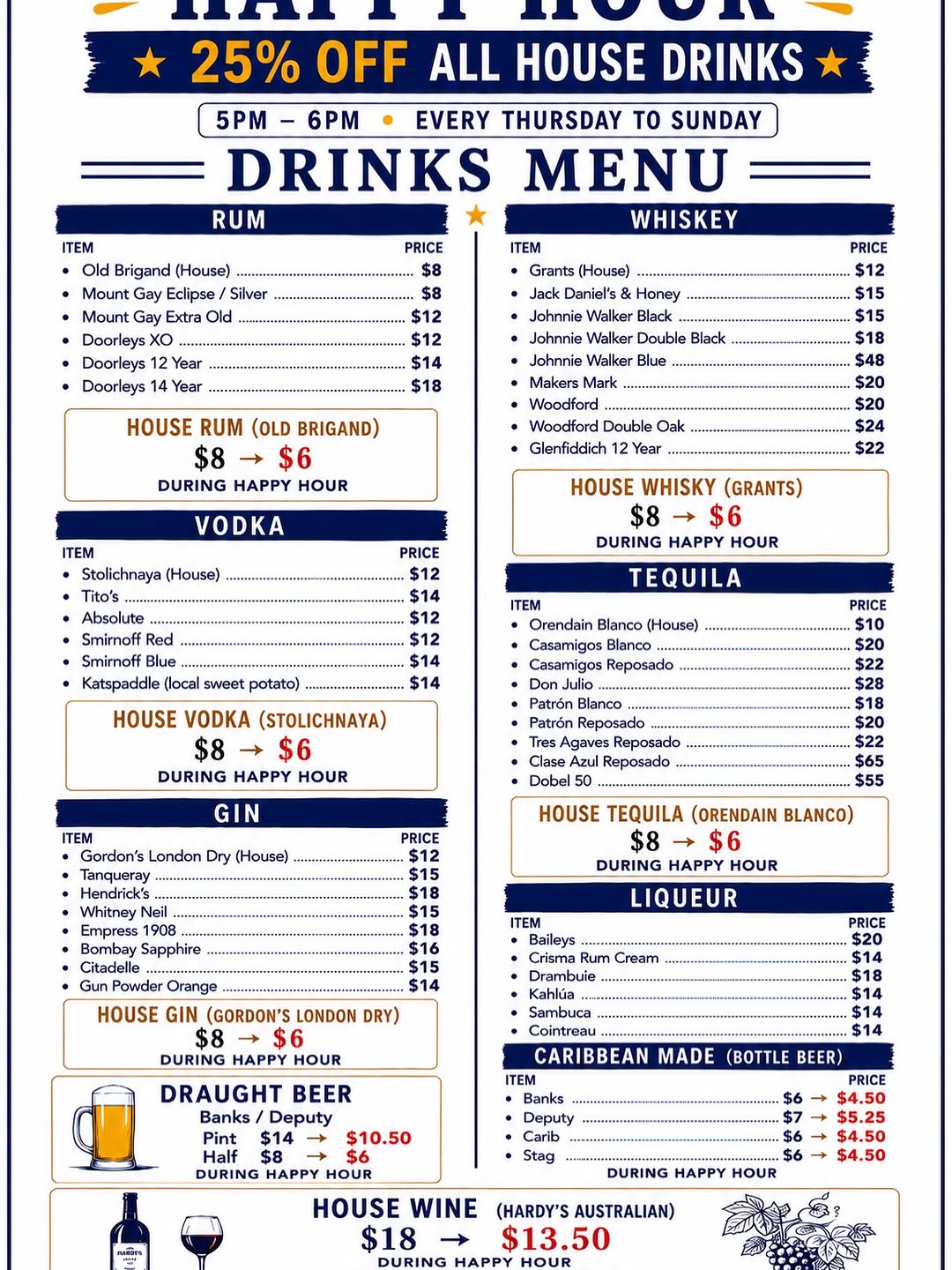Happy Hour – 25% Off All House Drinks (Thu–Sun, 5PM–6PM)