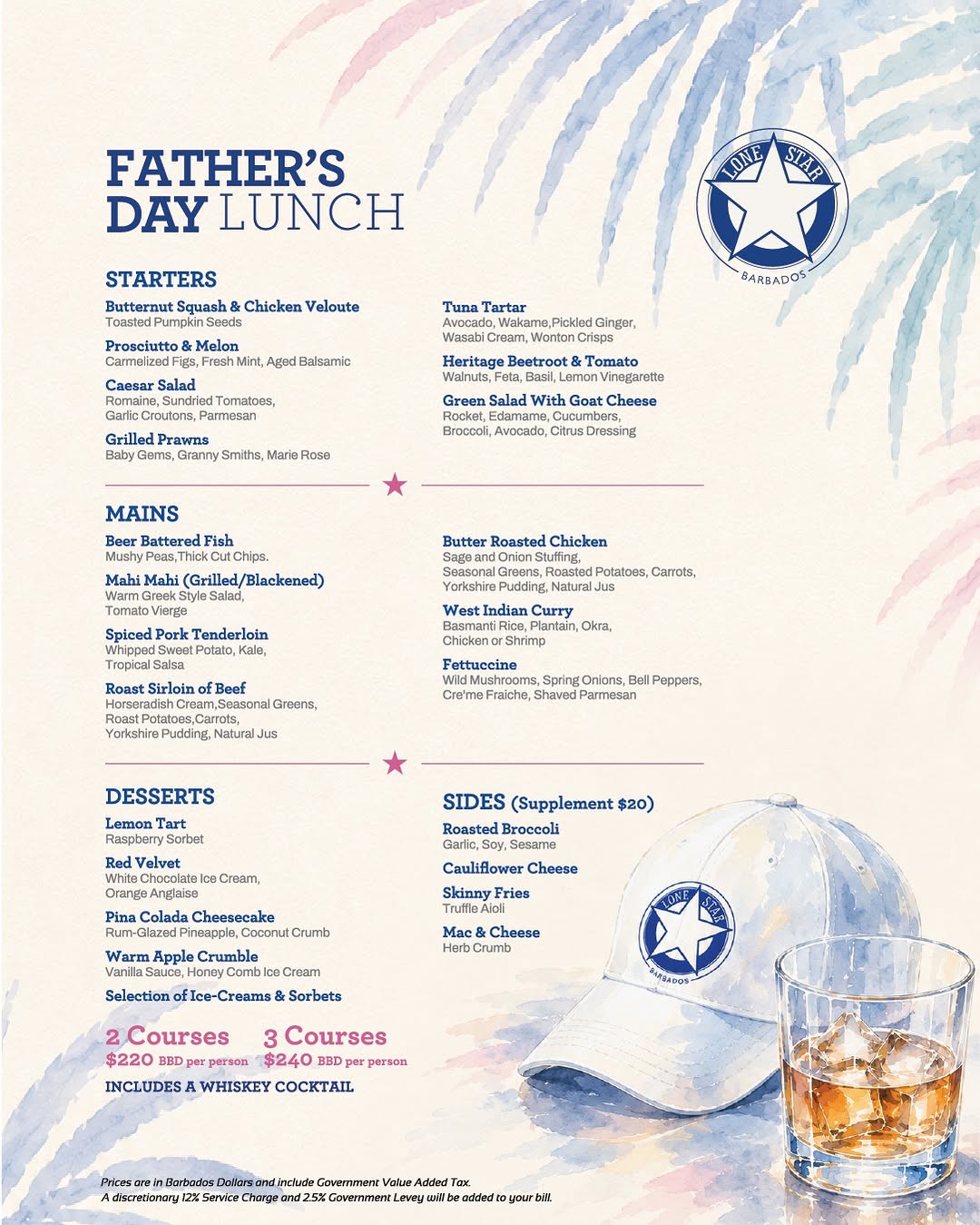 Father's Day Set Lunch Menu at Lone Star Barbados – 2 or 3 Courses with Complimentary Whiskey Cocktail