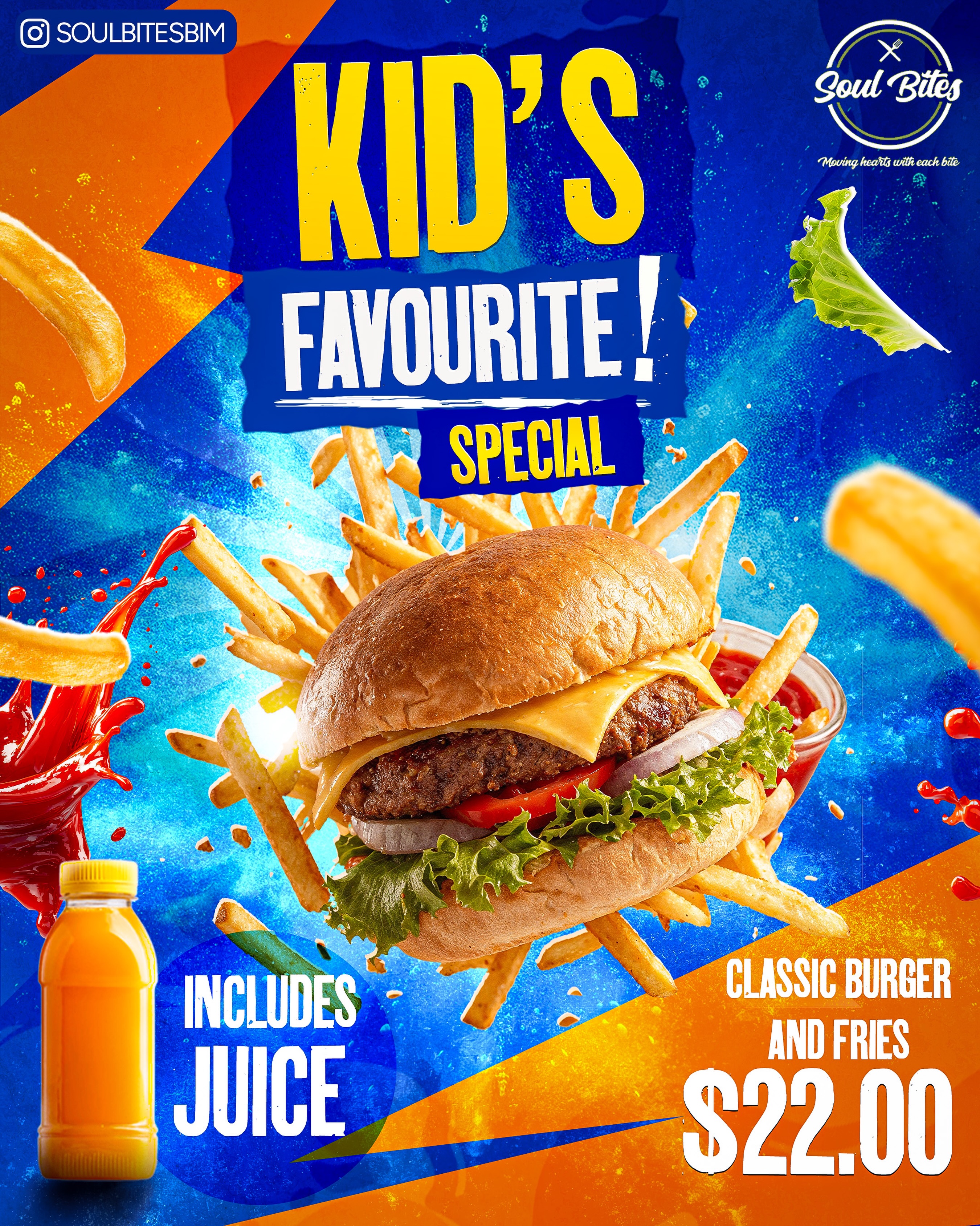 Soul Bites Kids' Favourite Special – Classic Burger, Fries & Juice for $22 BDS