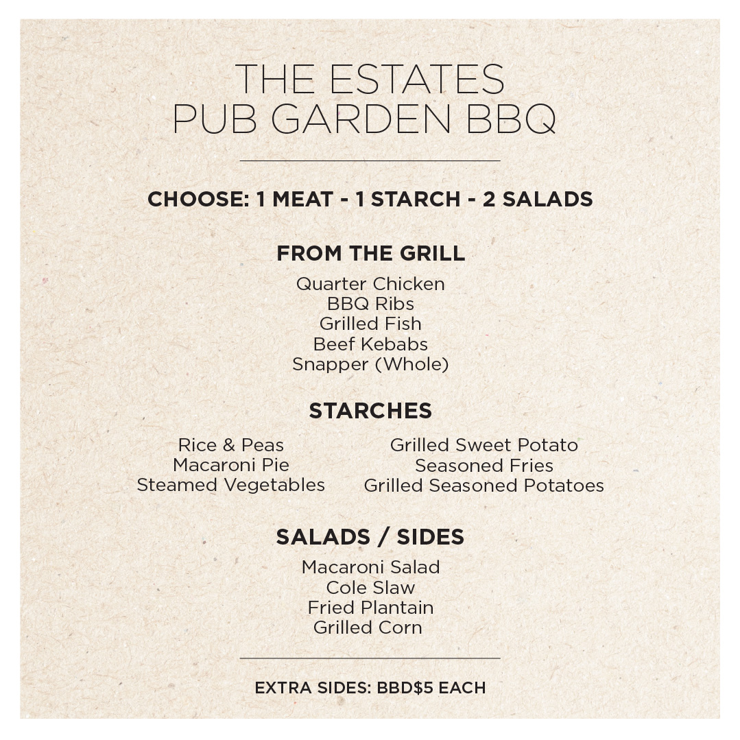 Pub Garden BBQ in July – BBD$45 Per Person