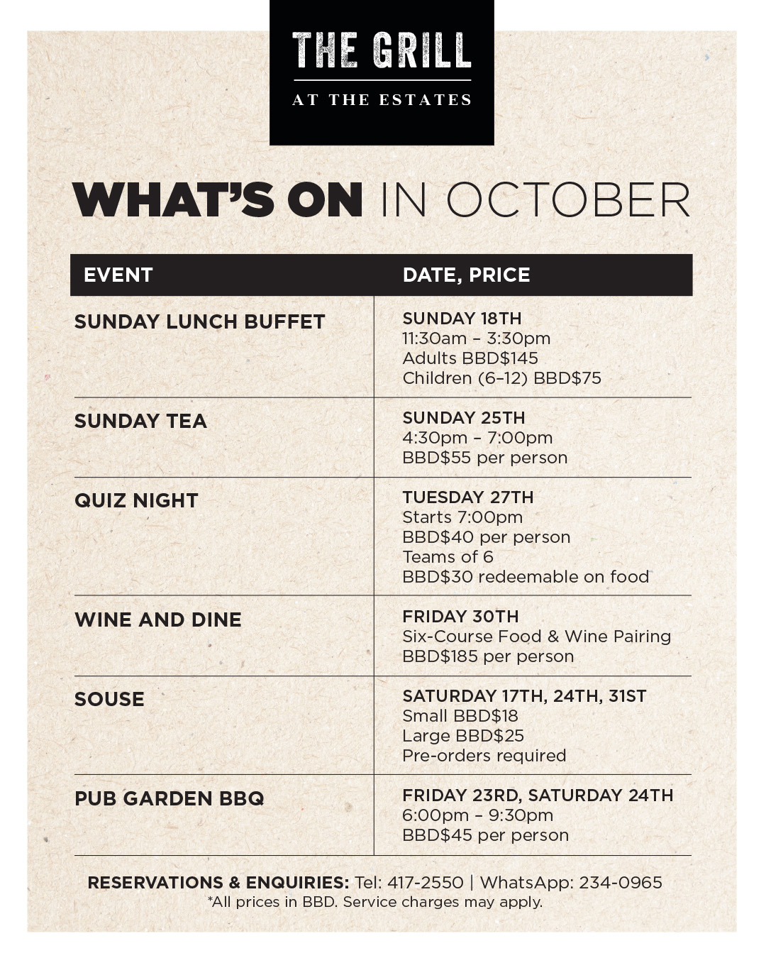 The Grill at The Estates – October Events: Sunday Buffet, Tea, Quiz Night, Wine & Dine, Souse & BBQ