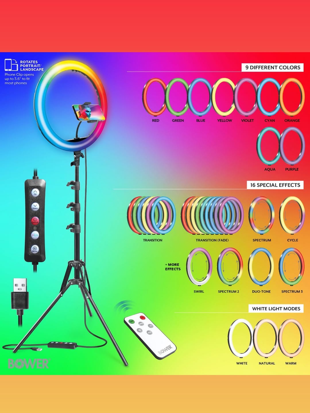 Bower 16" White & RGB Ring Light – $99