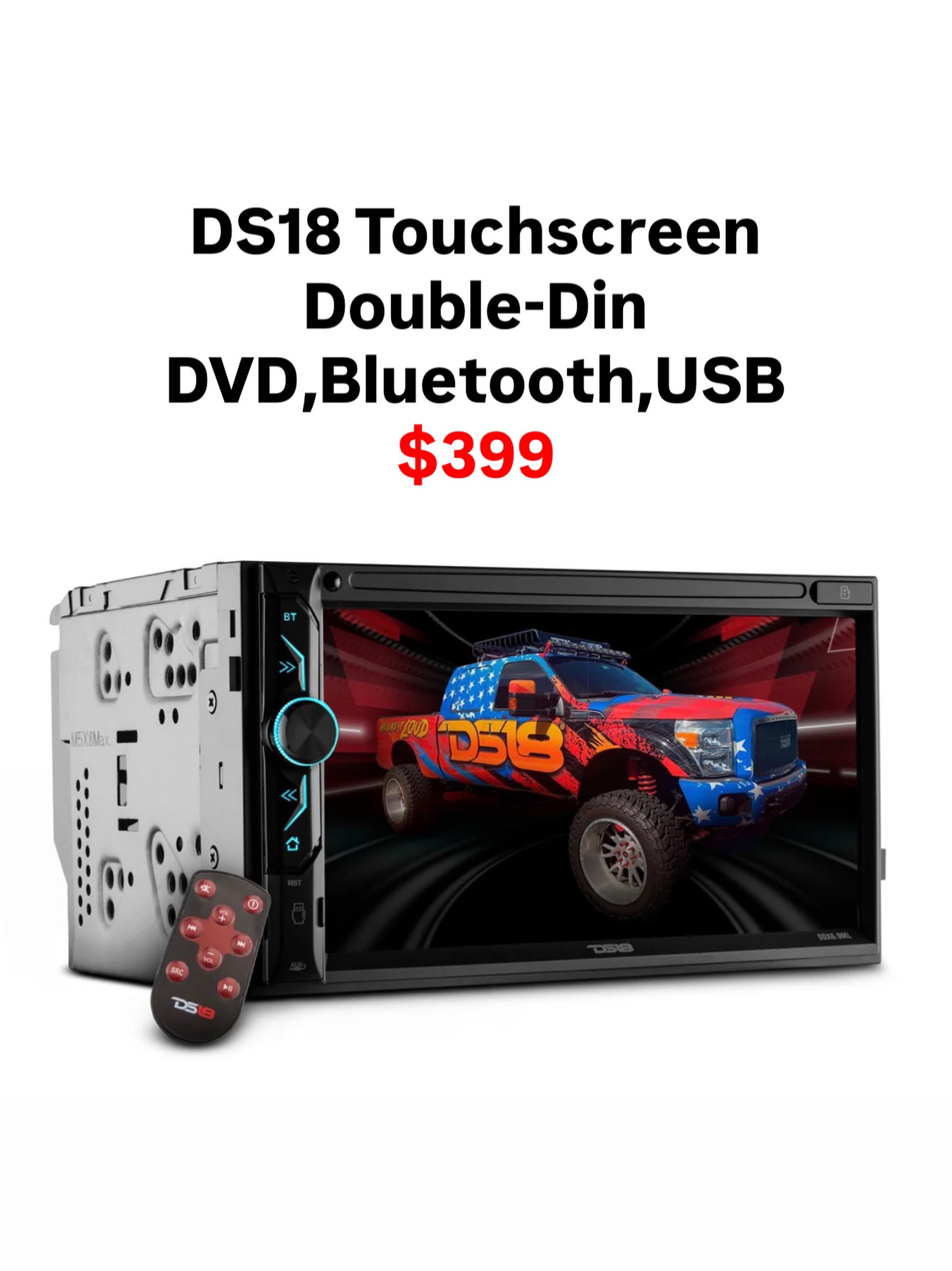 DS18 Touchscreen Double-Din DVD, Bluetooth & USB Radio – $399